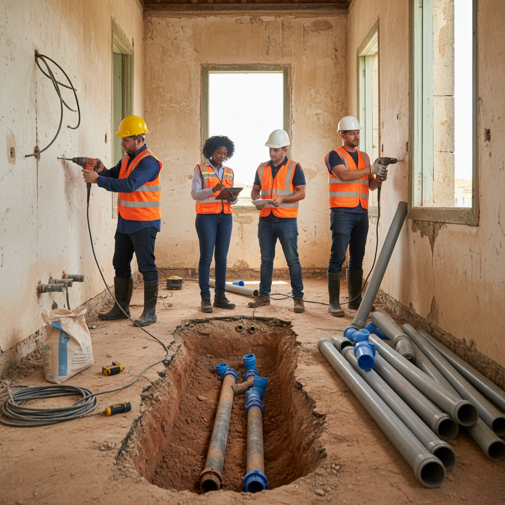 Equipe de engenheiros e técnicos em um canteiro de obras de uma casa antiga em São Luís, supervisionando a substituição de tubulações de esgoto. O foco é na modernização da infraestrutura hidráulica, com materiais novos e processos de instalação. A cena deve transmitir seriedade e eficiência técnica.