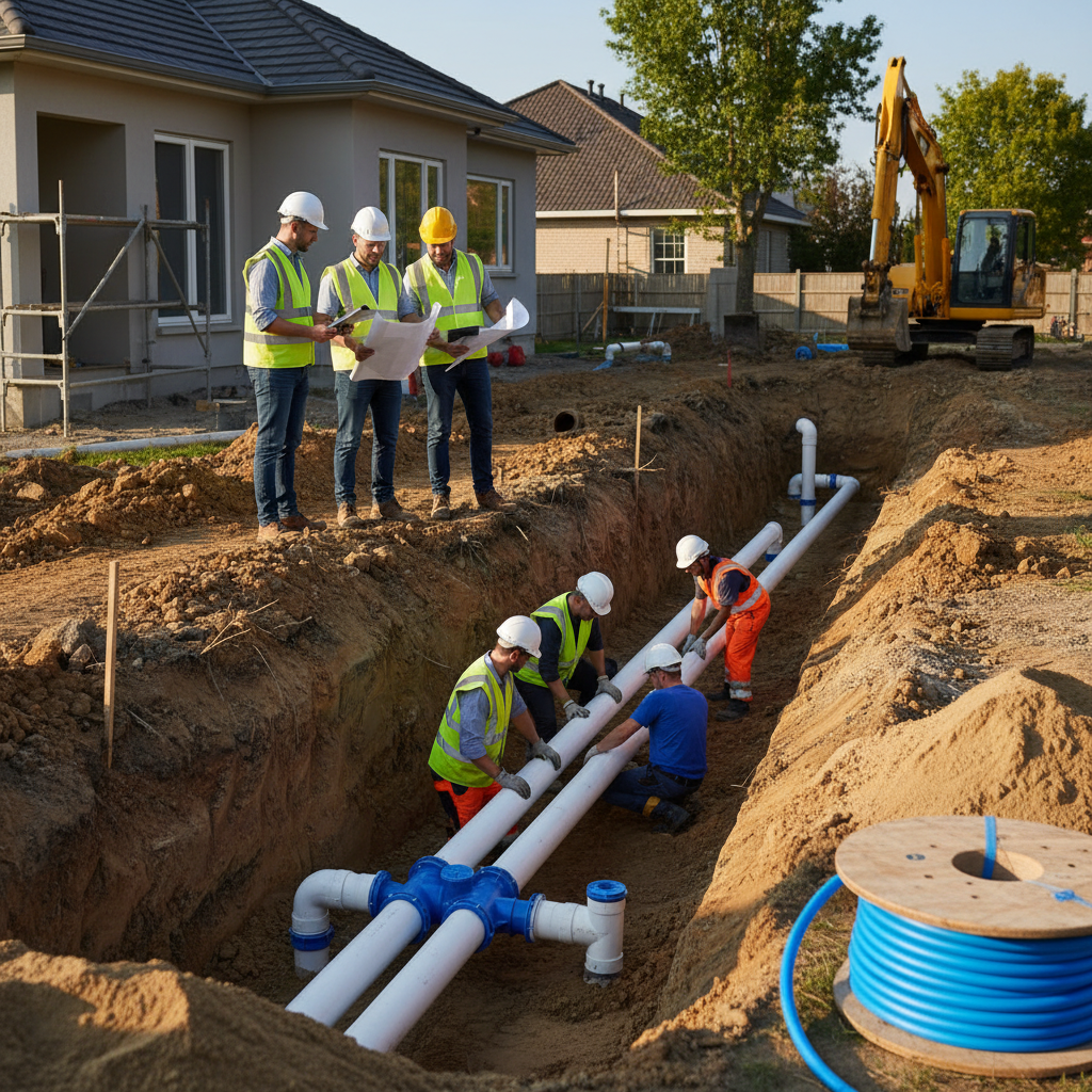 Engenheiros e trabalhadores supervisionando a instalação de novas tubulações de PVC em uma vala aberta para substituição da rede antiga de uma casa. A imagem destaca a modernização da infraestrutura com materiais duráveis e a importância do planejamento na obra.