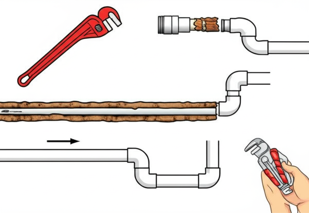 Desenho esquemático de substituição de encanamento antigo por novo sistema de PVC.