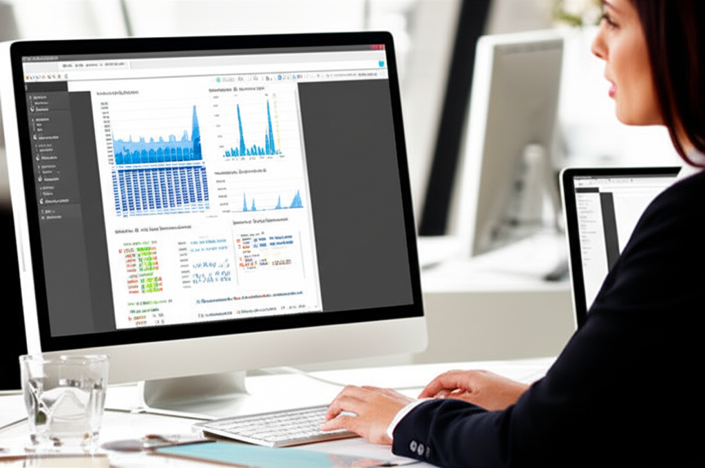 Gestora de imóveis em um escritório, digitando informações de incidentes de entupimento em um software de gestão de propriedades, com gráficos e relatórios visíveis no monitor. Foco na organização e análise de dados.