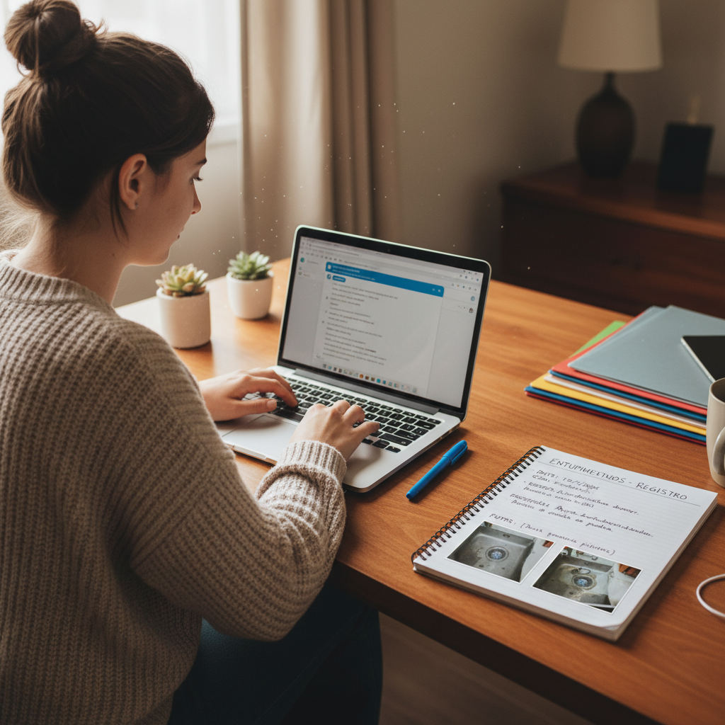 Uma pessoa (Mariana) digitando uma mensagem em um laptop, com um bloco de notas ao lado onde estão registrados detalhes de um entupimento, como data, local, descrição do problema e fotos. A cena deve transmitir organização e registro de informações.