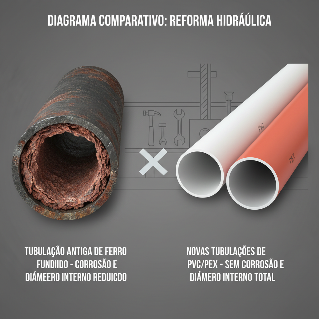 Diagrama comparativo de uma tubulação antiga de ferro fundido sendo substituída por uma nova de PVC ou PEX, mostrando a diferença de diâmetro interno e a ausência de corrosão nos materiais modernos, em um contexto de reforma hidráulica.
