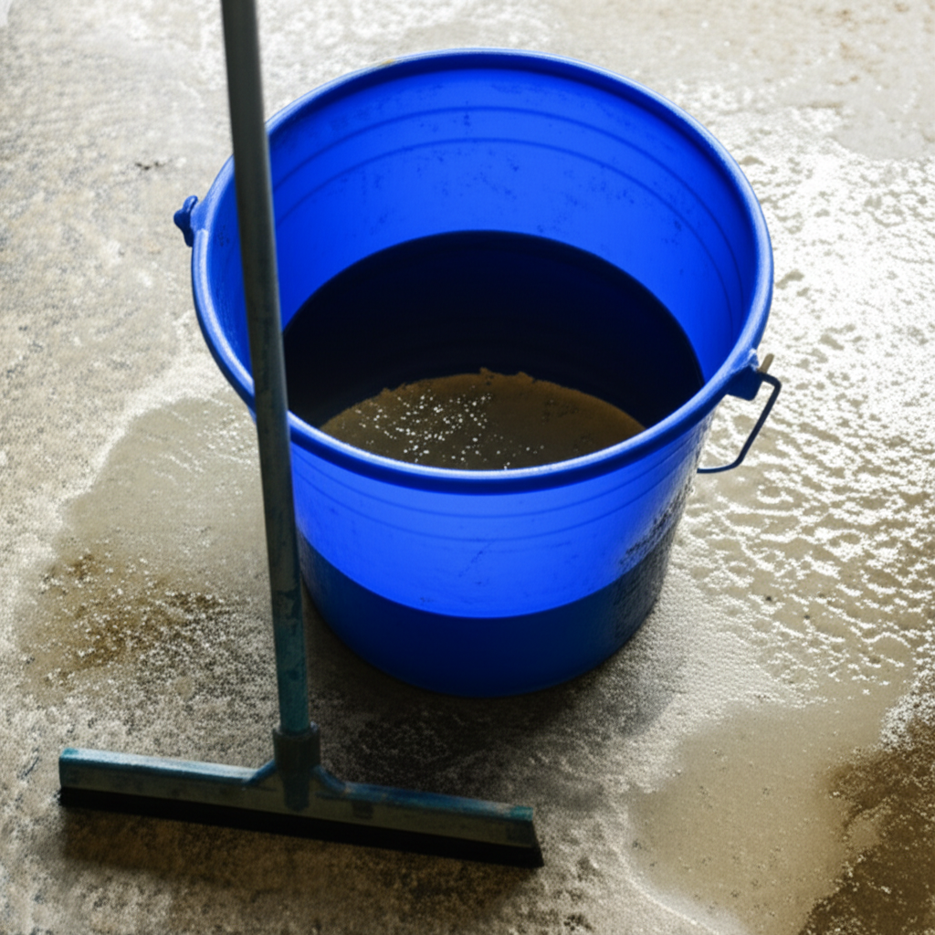 Remoção de água suja com balde e rodo.