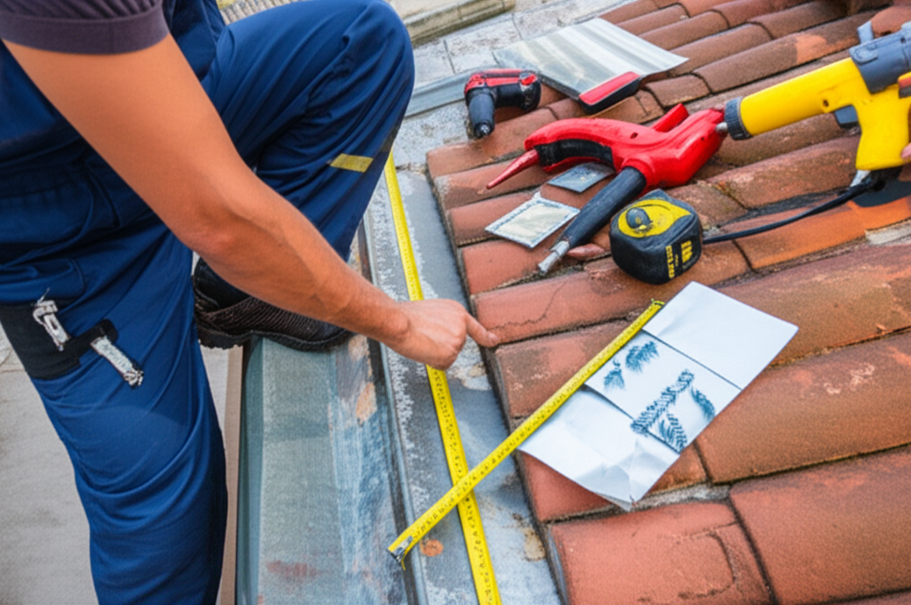 Vista de uma calha antiga sendo reparada por um técnico, com ferramentas e materiais novos.
