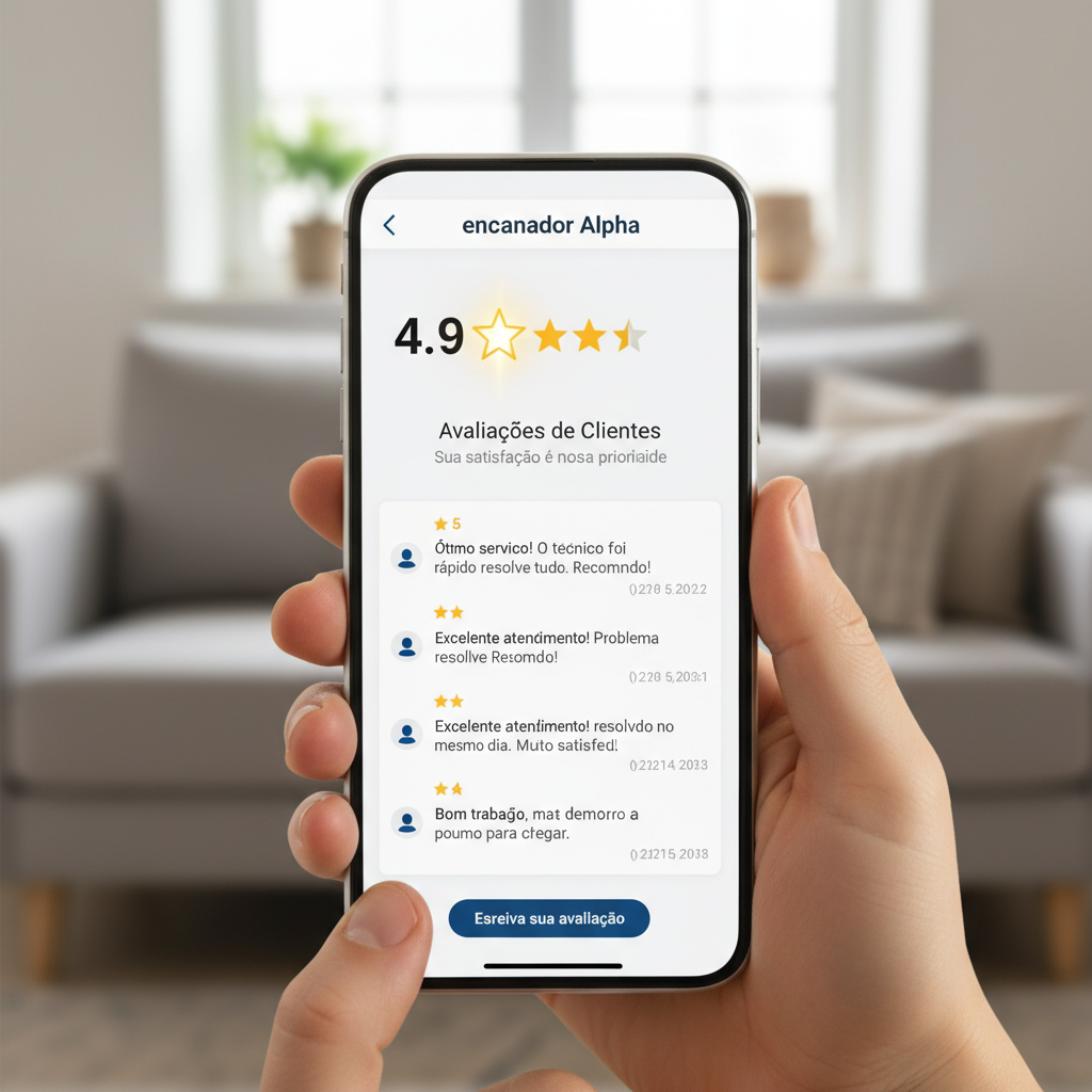 Tela de computador ou celular exibindo avaliações de clientes e estrelas de reputação para uma desentupidora, com foco na satisfação do cliente.
