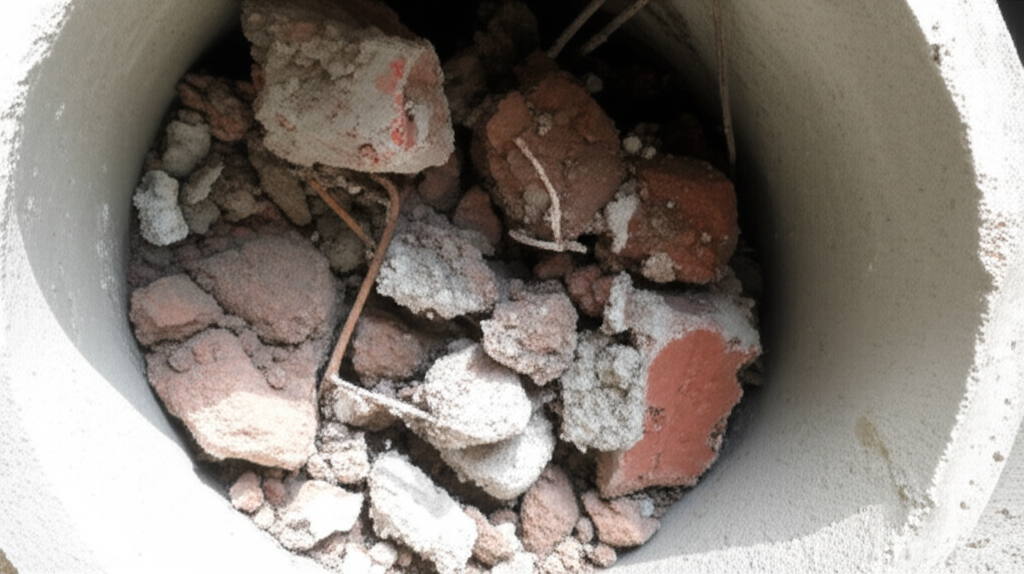 Resíduos de construção bloqueando um cano.