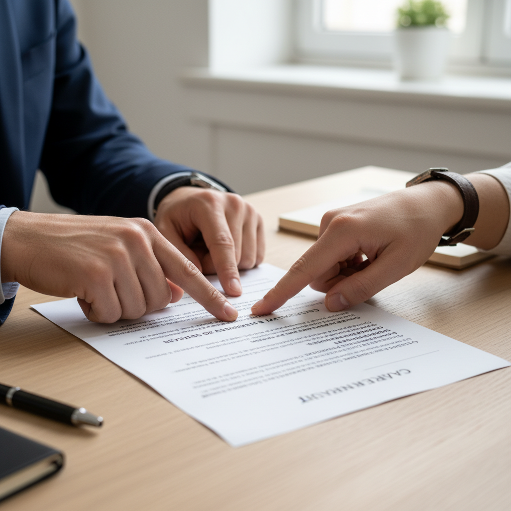 Duas mãos (simbolizando inquilino e proprietário/gestora) sobre um contrato de aluguel aberto, apontando para cláusulas de responsabilidade sobre manutenção. O tom da imagem é neutro e legal, focando na clareza do documento.