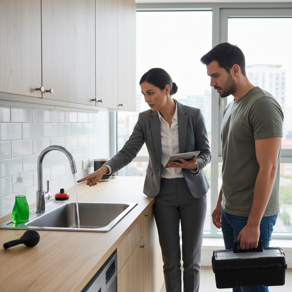 Um diagrama comparativo com dois lados. De um lado, imagens de objetos comuns que causam entupimento por mau uso (cabelo, óleo de cozinha, lenços umedecidos). Do outro lado, um esquema de tubulações com um ponto de corrosão ou quebra estrutural, destacando a diferença entre responsabilidade do inquilino e do proprietário.