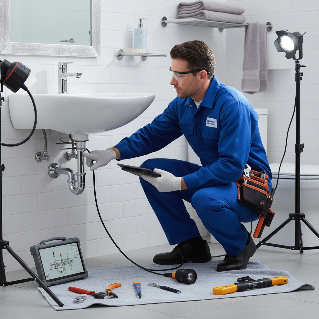 Profissional técnico com uniforme e ferramentas inspecionando um lavatório, com foco na avaliação do encanamento. A imagem transmite competência e prontidão para agir na resolução de problemas, utilizando iluminação que destaca os detalhes técnicos. Ambiente de banheiro limpo e organizado.