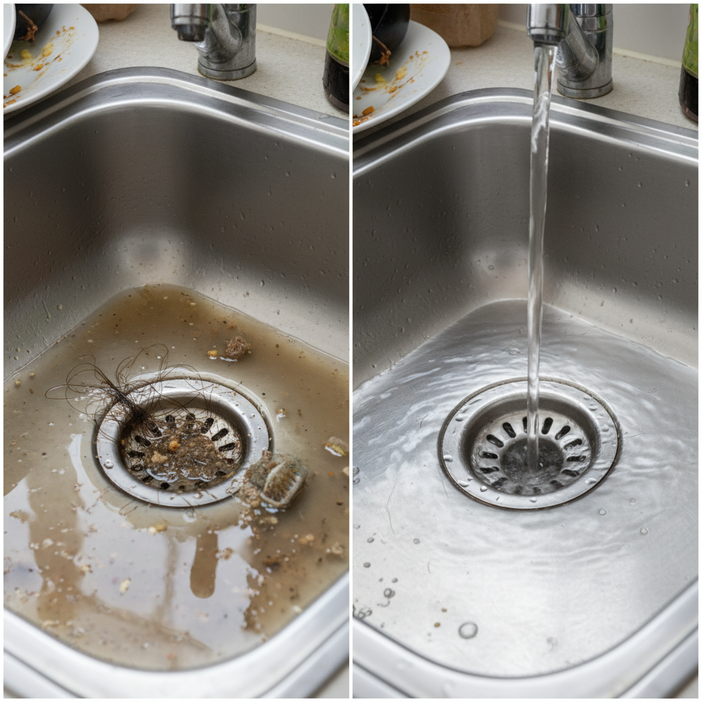 Duas imagens comparativas: à esquerda, um ralo de pia entupido com água suja estagnada e resíduos visíveis, transmitindo frustração; à direita, o mesmo ralo limpo, com água escoando perfeitamente e rapidamente, refletindo um ambiente restaurado e a eficiência do serviço, com foco na clareza e ausência de resíduos.