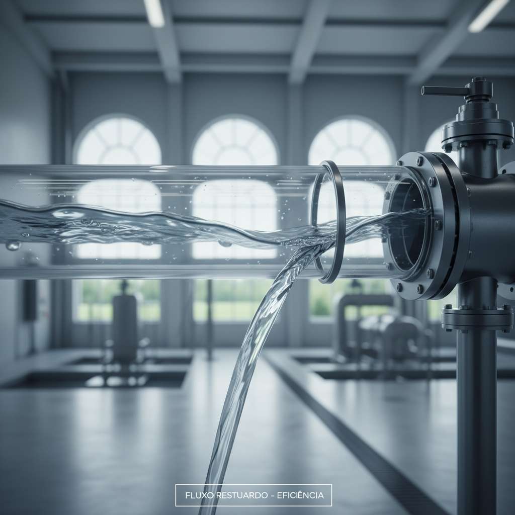 Uma tubulação de esgoto transparente, demonstrando um fluxo de água limpo e desimpedido, com um fundo desfocado de uma instalação moderna. A imagem transmite a ideia de eficiência, clareza e funcionalidade restaurada.
