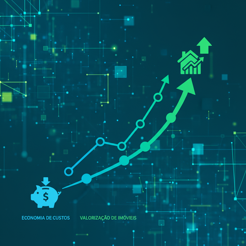 Um gráfico financeiro em ascensão, com ícones de economia de custos e valorização de imóveis. As cores são verdes e azuis, transmitindo crescimento e estabilidade. O fundo é abstrato e digital, simbolizando dados e análise.