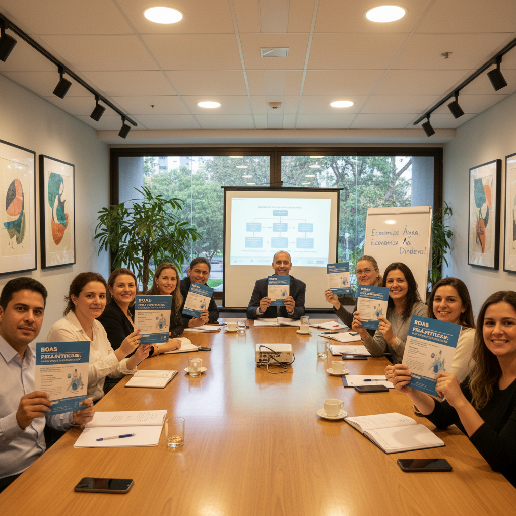 Grupo de inquilinos e gestores em uma reunião informativa, com um folheto sobre boas práticas de uso de sistemas hidráulicos. O ambiente é acolhedor e colaborativo, focando na troca de informações e conscientização.