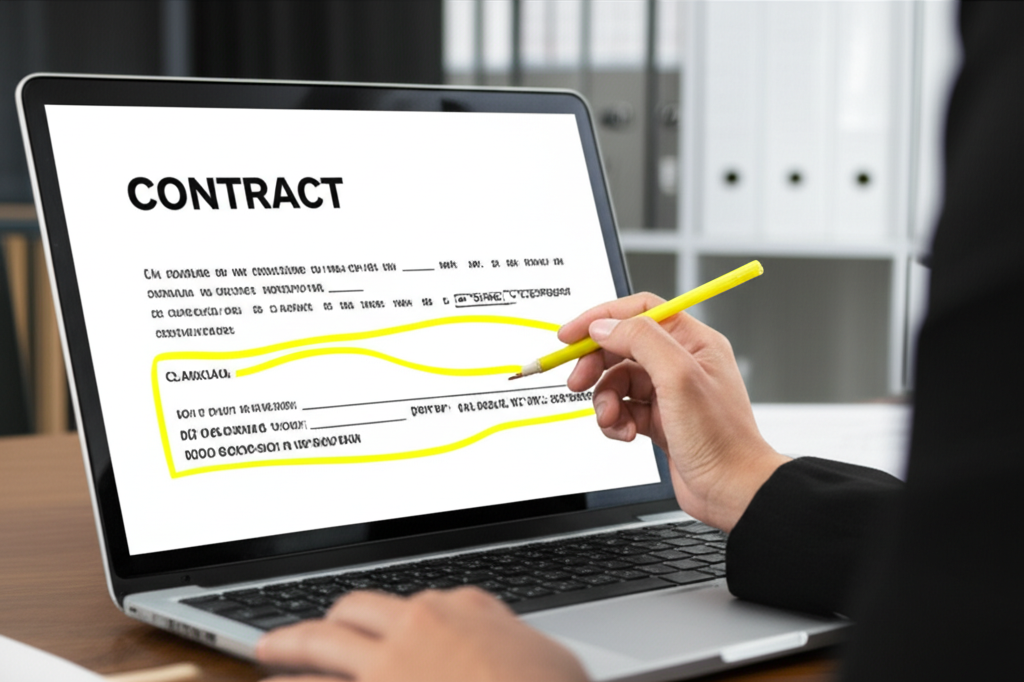 Gestora de imóveis revisando um contrato de locação em um laptop, com uma caneta destacando cláusulas sobre manutenção e responsabilidades do inquilino. O ambiente é de escritório, com foco em documentos legais.