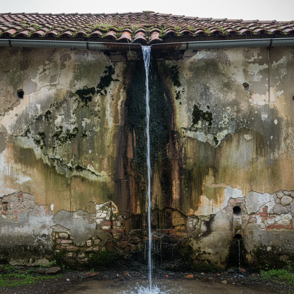 Imagem real de uma parede de uma casa antiga com sinais visíveis de infiltração e umidade, como manchas escuras ou mofo. Pode-se ver a água escorrendo de uma calha transbordando ao fundo, ou indícios de gotejamento na parede. A imagem deve transmitir a gravidade dos danos causados pela água.
