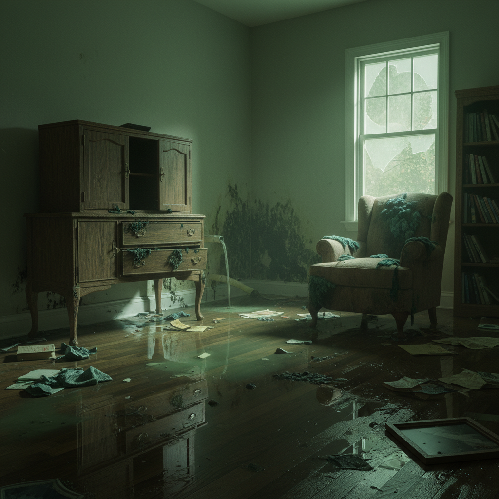 Imagem de um ambiente doméstico com danos causados por entupimento, como piso molhado, móveis danificados e mofo, destacando as consequências negativas.