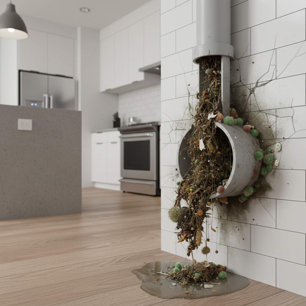 Close-up macroscópico de uma superfície pós-entupimento, como uma parede ou piso de banheiro/cozinha, onde se observa a presença de manchas escuras e úmidas indicativas de crescimento microbiano (bolor, bactérias). Foco na deterioração material e no potencial de contaminação. Detalhes de textura e cores que remetem à umidade e sujeira.