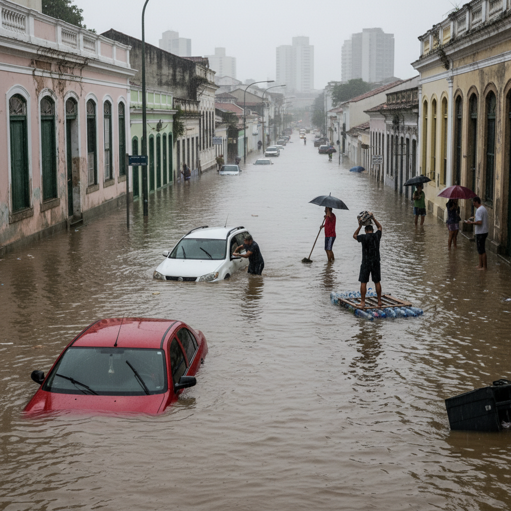 Rua alagada após uma forte chuva, com carros submersos e pessoas com dificuldade de locomoção.