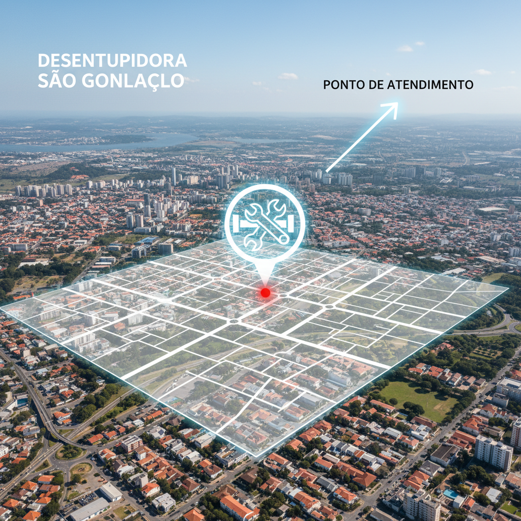 Vista aérea de São Gonçalo, RJ, com um mapa estilizado destacando a localização de um ponto de serviço de desentupimento. A imagem é limpa e profissional, enfatizando a relevância geográfica e a infraestrutura urbana.