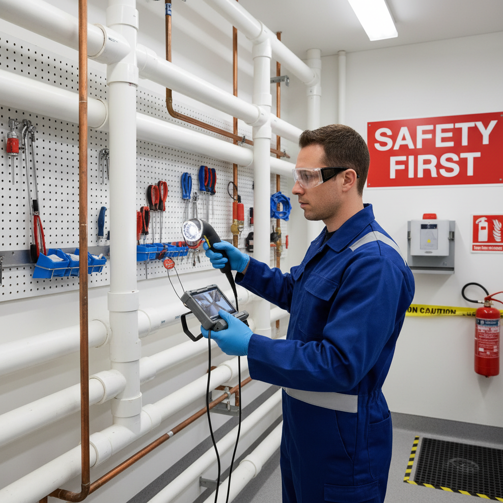 Um técnico de desentupimento utilizando óculos de segurança, luvas e uniforme, inspecionando um sistema de tubulações de forma cuidadosa e precisa. Ele está usando uma ferramenta que não causa dano visível ao cano. O cenário é de um ambiente controlado e seguro, demonstrando a aplicação correta das técnicas para evitar danos.