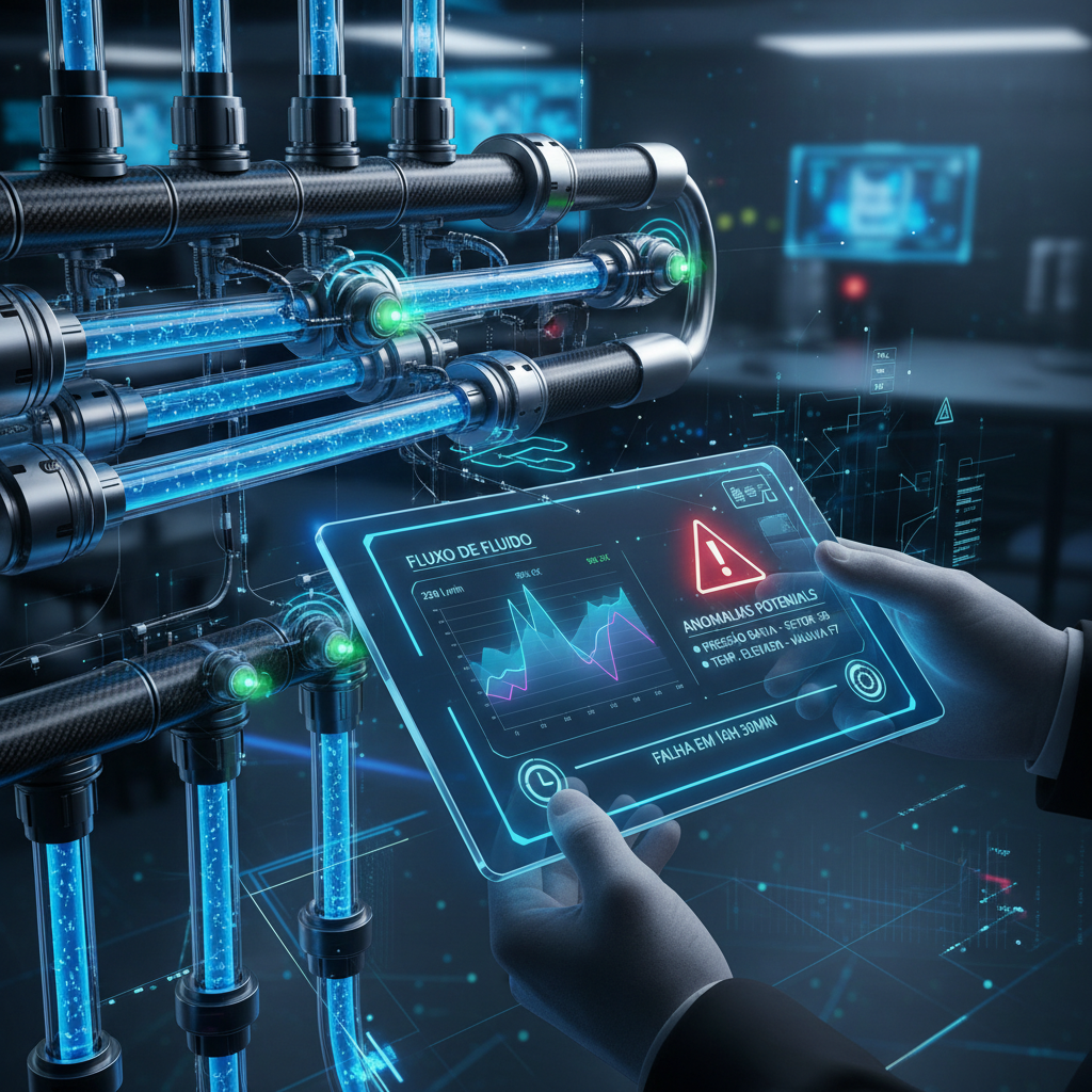 Esquema de um sistema de sensores hidráulicos conectados a um smartphone ou tablet, exibindo dados de fluxo e possíveis anomalias. O design é futurista, ressaltando a tecnologia e a capacidade de previsão.
