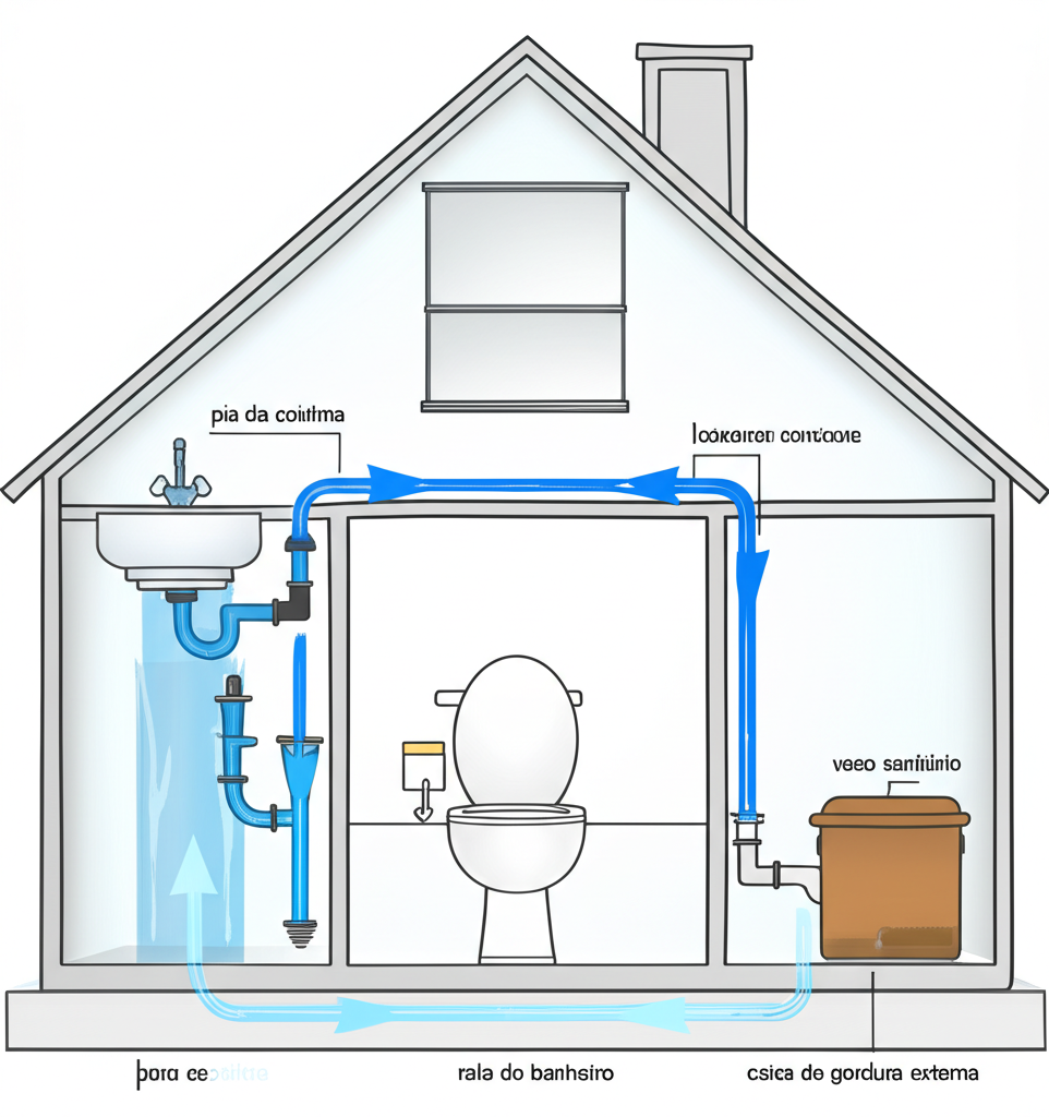 Uma ilustração gráfica de uma casa com seções transparentes, destacando os diferentes pontos de desentupimento: pia da cozinha, ralo do banheiro, vaso sanitário e caixa de gordura externa, com setas indicando o fluxo da água.