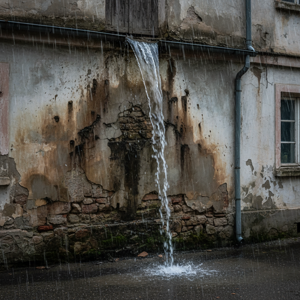 Uma casa antiga com manchas de umidade escuras e visíveis na parede externa, próximo à fundação. A imagem também mostra água transbordando de uma calha durante uma chuva, formando uma cascata irregular, indicando claramente um entupimento severo. O foco é na consequência visual do problema.