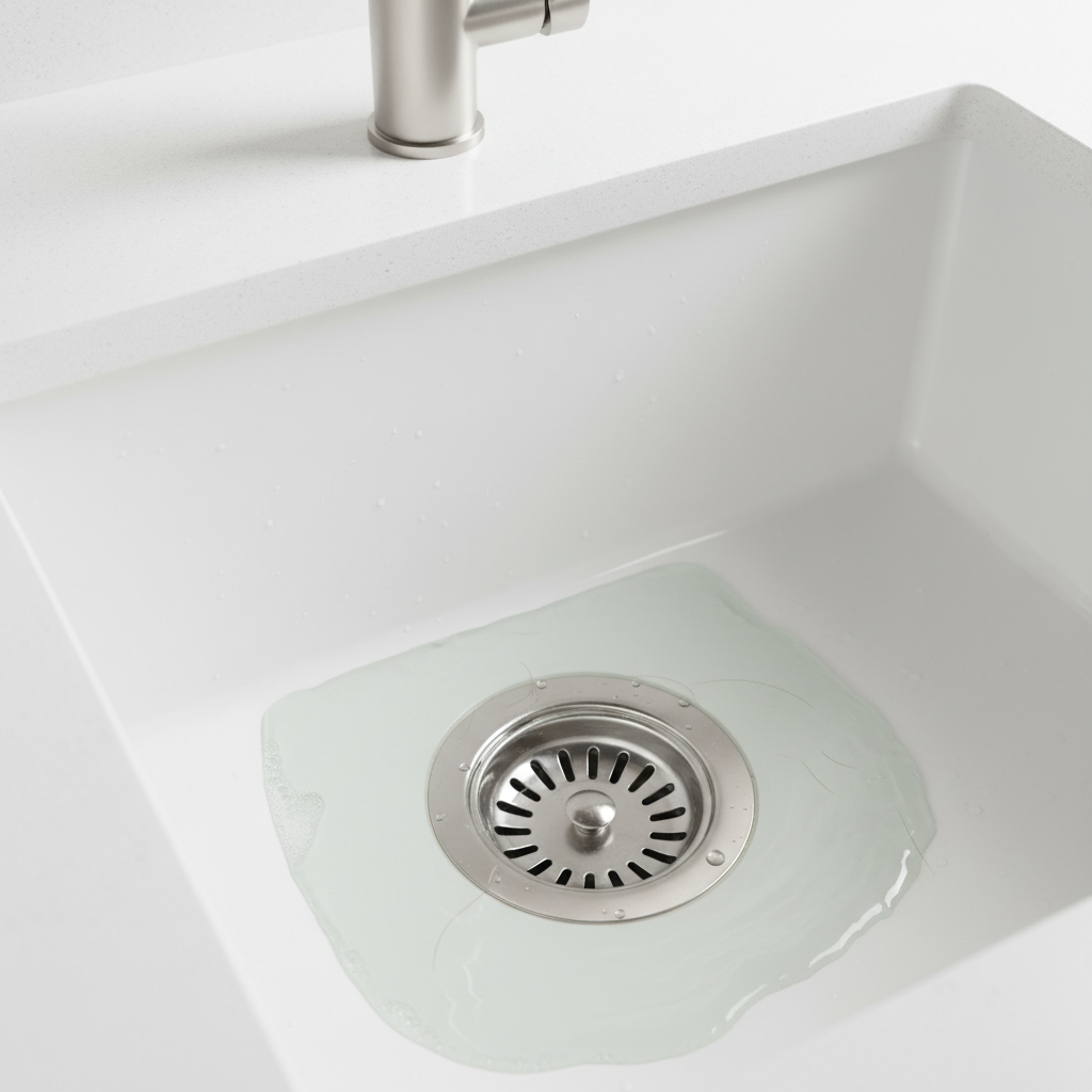 Imagem de um ralo de pia de banheiro ou cozinha em apartamento de alto padrão, com água acumulada e escoando lentamente. A cena deve transmitir a sensação de frustração, mas com um aspecto limpo e moderno do ambiente, focando no problema específico. Um pequeno reflexo da mão tentando desobstruir levemente. Iluminação clara, destacando a textura do metal do ralo e a superfície da louça.