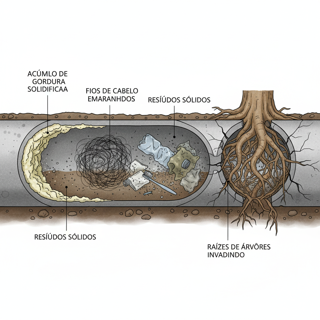 Imagem mostrando um ralo de pia de cozinha com água escoando muito lentamente, quase estagnada, e algumas bolhas subindo. Ao fundo, uma mancha escura de umidade no armário abaixo da pia, indicando vazamento ou retorno. Estilo realista e focado nos detalhes dos sinais.