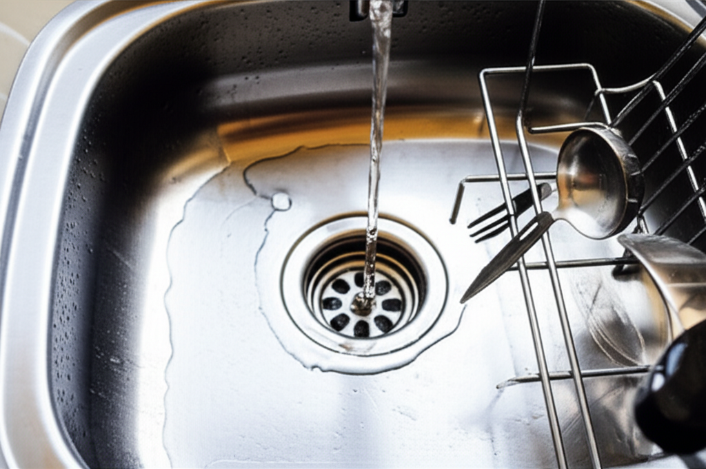 Uma pia de cozinha com água acumulada e transbordando lentamente, enquanto o ralo ao lado também apresenta lentidão no escoamento, indicando um entupimento progressivo.