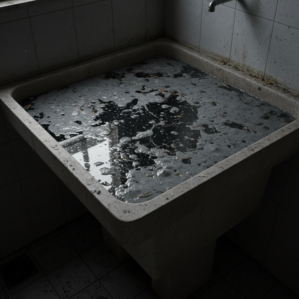 Uma imagem focada na área de um tanque de lavar roupas com água escoando muito lentamente pelo ralo, formando uma pequena poça. Gotas de água estão pingando de uma torneira e há um sutil reflexo de uma pessoa frustrada na superfície da água, indicando a dor do usuário.