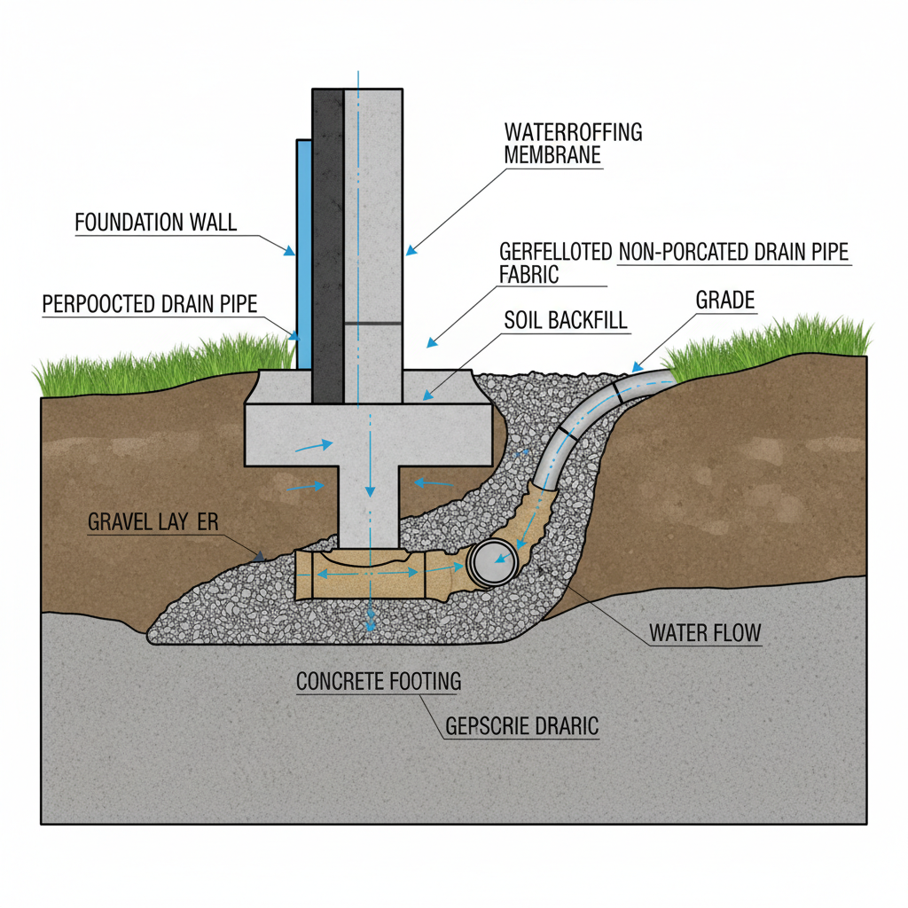 Uma representação esquemática ou desenho técnico mostrando a fundação de uma casa com um sistema de drenagem subjacente, ilustrando como a água é desviada para proteger a base da estrutura.