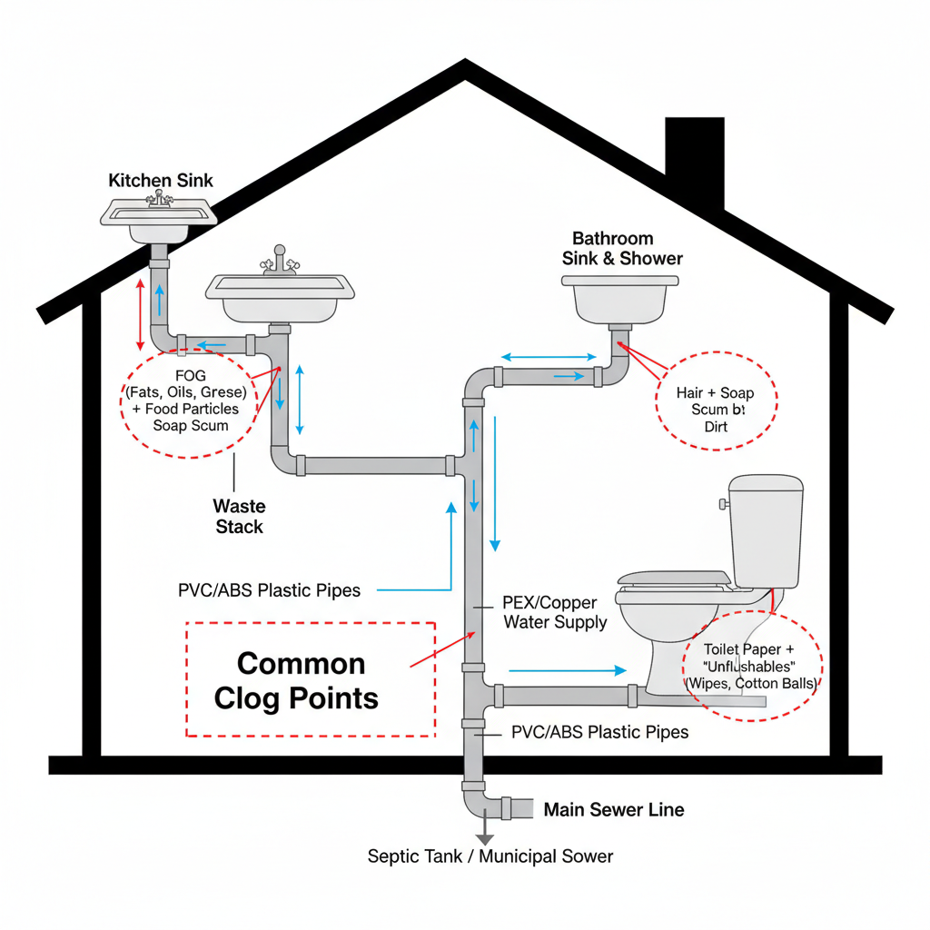 Representação esquemática de um sistema hidráulico residencial, com tubulações transparentes destacando pontos de acúmulo e bloqueio. O ambiente é limpo e técnico, com setas indicando o fluxo da água e áreas críticas de entupimento.