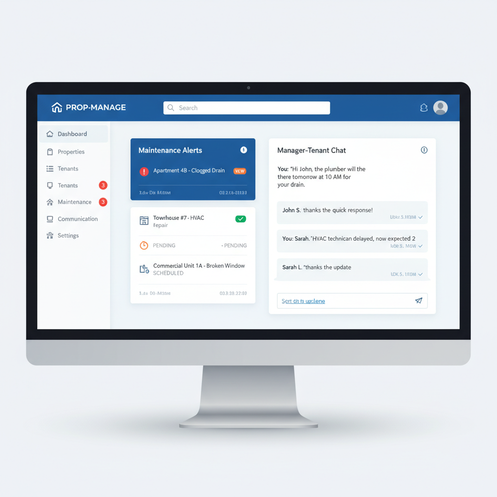 Representação de um painel de controle ou software de gestão de propriedades, exibindo notificações de manutenção e um fluxo de comunicação entre gestores e inquilinos. A interface é intuitiva e moderna, refletindo eficiência.