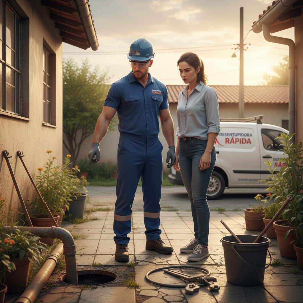 Técnico de desentupimento uniformizado, com equipamento de proteção individual, conversando com um cliente (Mariana, por exemplo) em frente a um problema de encanamento, ambos com expressões sérias mas confiantes na resolução. O técnico pode estar apontando para o local do entupimento.