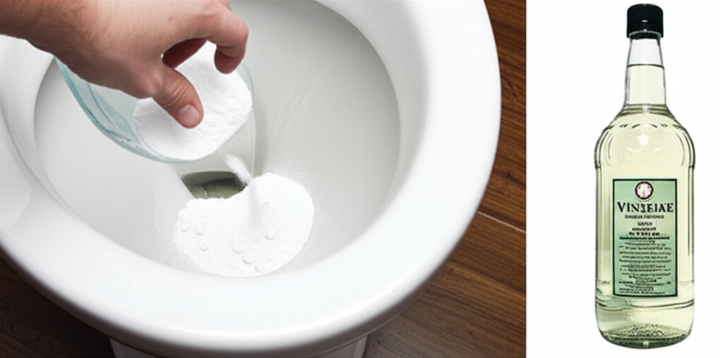 Imagem demonstrando o uso de bicarbonato de sódio e vinagre como solução natural para desentupir um vaso sanitário.