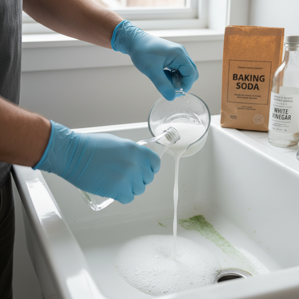 Imagem ilustrativa de uma pessoa despejando bicarbonato de sódio e vinagre branco no ralo de um tanque, com uma reação efervescente controlada, transmitindo a ideia de uma solução caseira eficaz e segura.