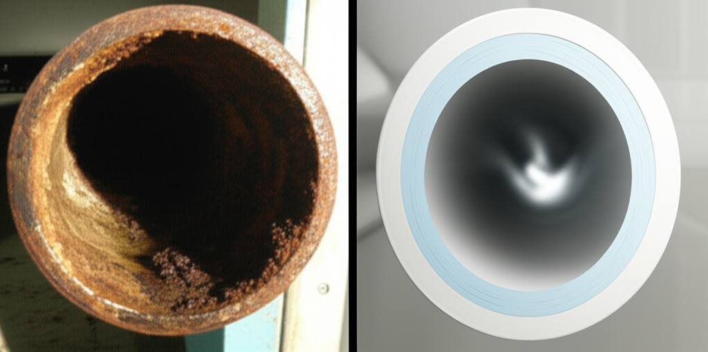 Montagem de imagens comparativas: à esquerda, um trecho de tubulação antiga com corrosão e acúmulo de detritos. À direita, a mesma seção após a aplicação de uma técnica de relining, com um revestimento interno liso e limpo, ou a substituição por tubos de PVC modernos e bem conectados. A iluminação destaca a melhoria e a modernização.