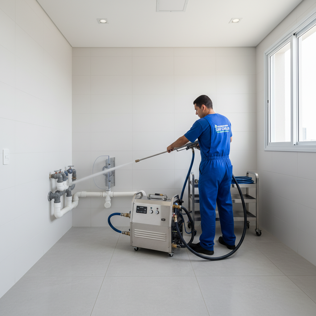 Equipamento moderno de hidrojateamento sendo operado por um técnico uniformizado (com logo da Desentupidora São Carlos), dentro de um ambiente técnico e limpo, como uma área de serviço em um apartamento de luxo. Foco na precisão e tecnologia do equipamento, com a água sendo direcionada para uma tubulação. A imagem deve transmitir eficiência e limpeza.