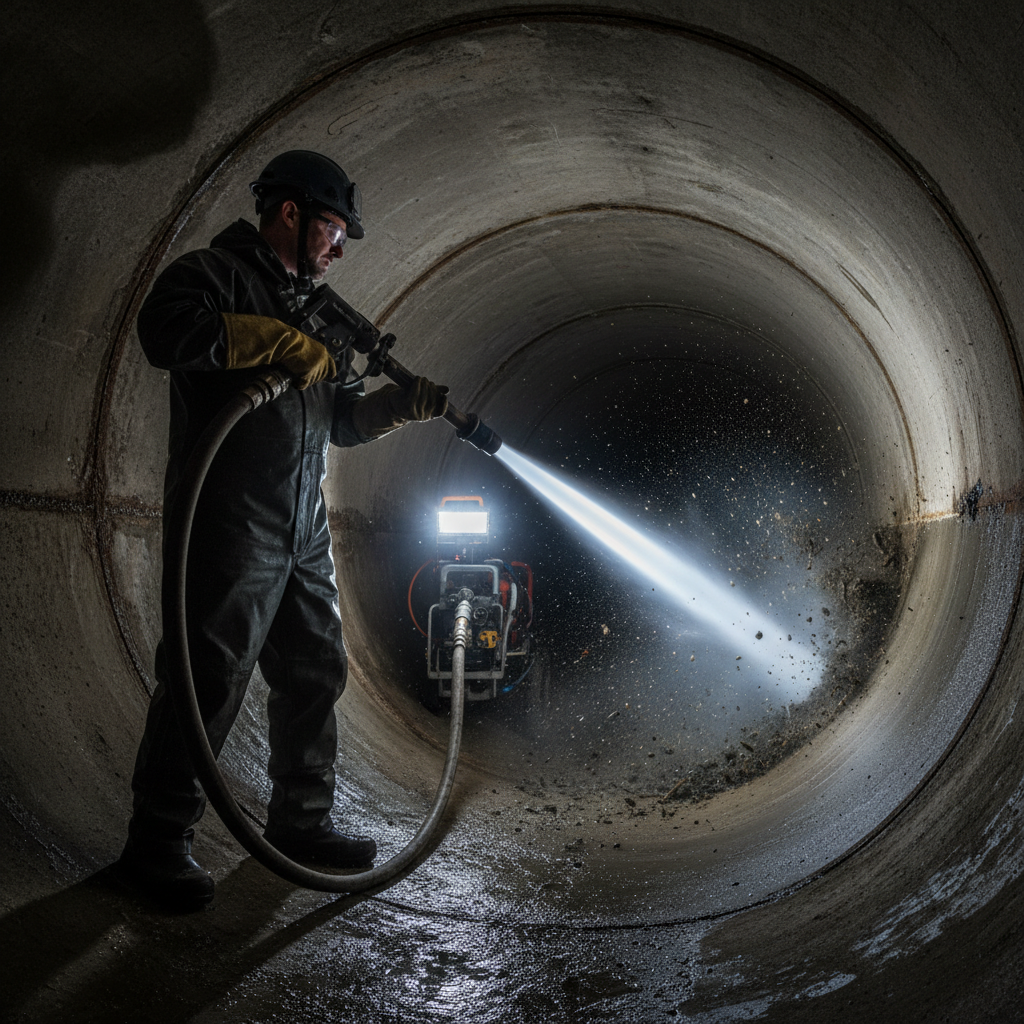 Técnico utilizando equipamento de hidrojateamento de alta pressão em uma tubulação de esgoto, removendo obstruções de forma eficiente e sem danificar a estrutura. Focar na potência e precisão da tecnologia.