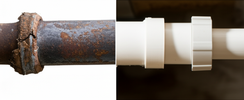 Antes e depois de um trecho de encanamento: à esquerda, um tubo antigo e danificado; à direita, um novo tubo de PVC ou PEX, instalado e conectado corretamente, simbolizando a modernização e o reparo estrutural. A iluminação deve realçar a diferença dos materiais.