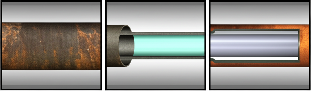 Sequência de imagens: à esquerda, um trecho de tubo de ferro fundido antigo e corroído. Ao centro, o processo de relining (inserção de um revestimento interno no tubo). À direita, o tubo reparado com o revestimento, mostrando uma superfície interna lisa e renovada. A representação deve ser técnica e clara.