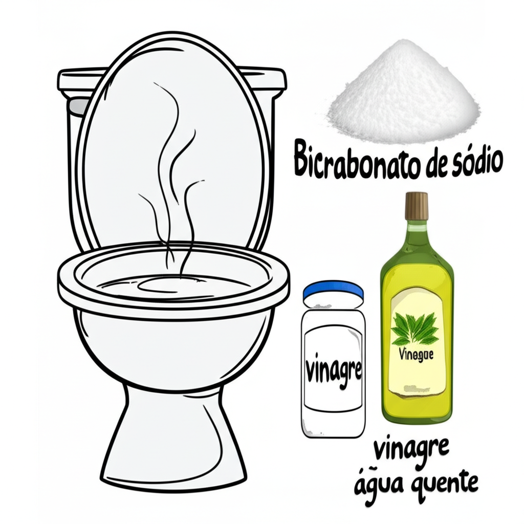 Ilustração de ingredientes naturais que podem ser usados para desentupir o vaso sanitário, como bicarbonato de sódio, vinagre e água quente.