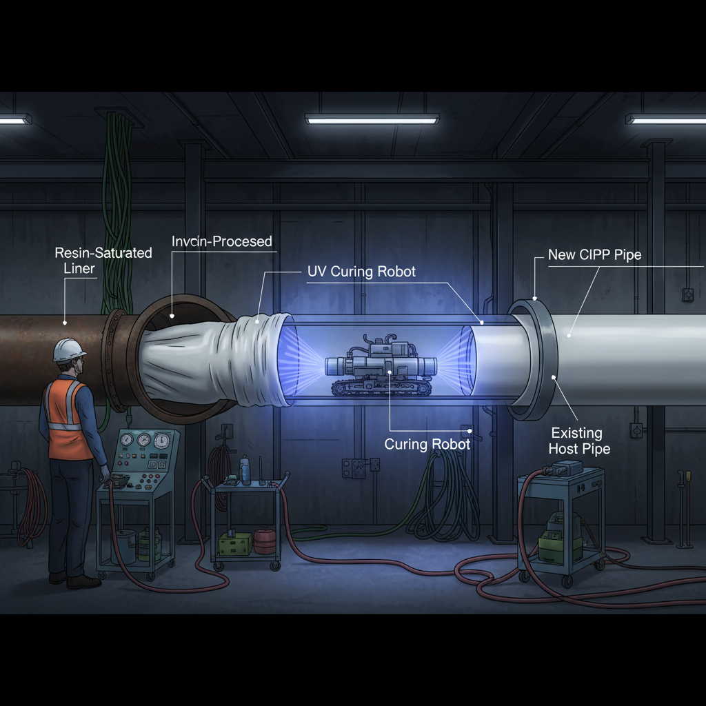 Representação de um processo de reabilitação de tubulação sem quebra, utilizando a técnica CIPP (Cured-In-Place Pipe), onde uma nova camada resinosa é inserida e curada dentro do tubo existente, formando uma nova parede interna lisa e resistente. O ambiente deve ser técnico.