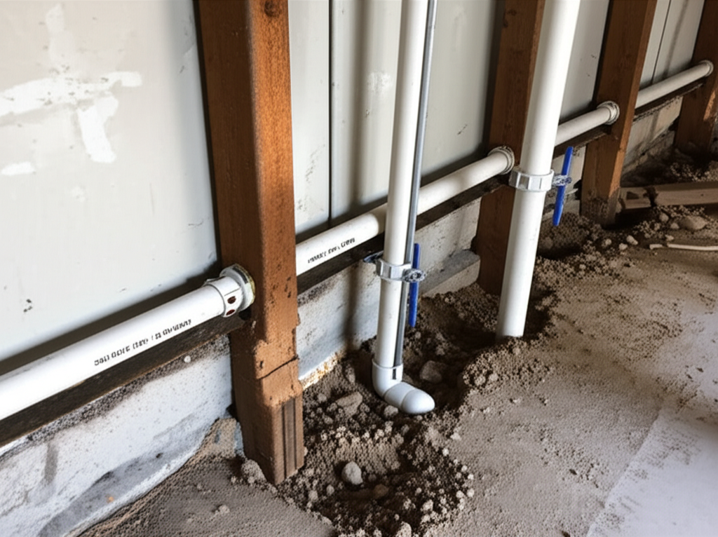 Substituição de canos antigos por tubulações de PVC modernas em uma reforma.