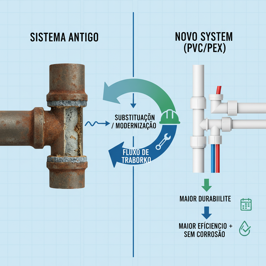 Diagrama comparativo mostrando um trecho de tubulação antiga sendo substituído por uma nova de PVC ou PEX, com setas indicando o fluxo de trabalho de modernização e os benefícios de durabilidade. O ambiente é limpo e técnico.