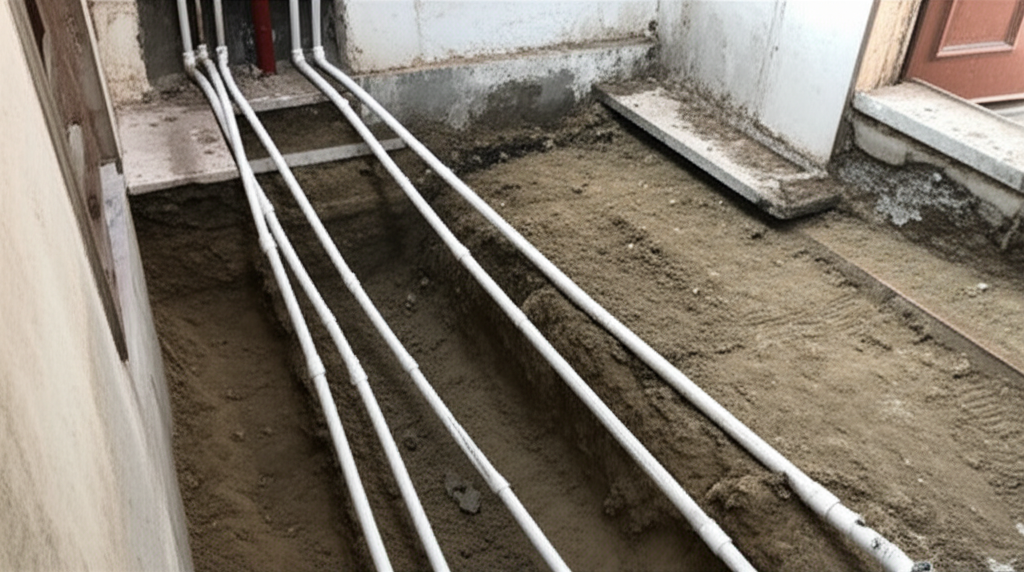 Canteiro de obras em uma casa antiga, mostrando tubulações antigas sendo removidas e novas tubulações de PVC de cor clara sendo instaladas. Há sinais de escavação, mas o foco é na transição para materiais modernos. O ambiente é de reforma.