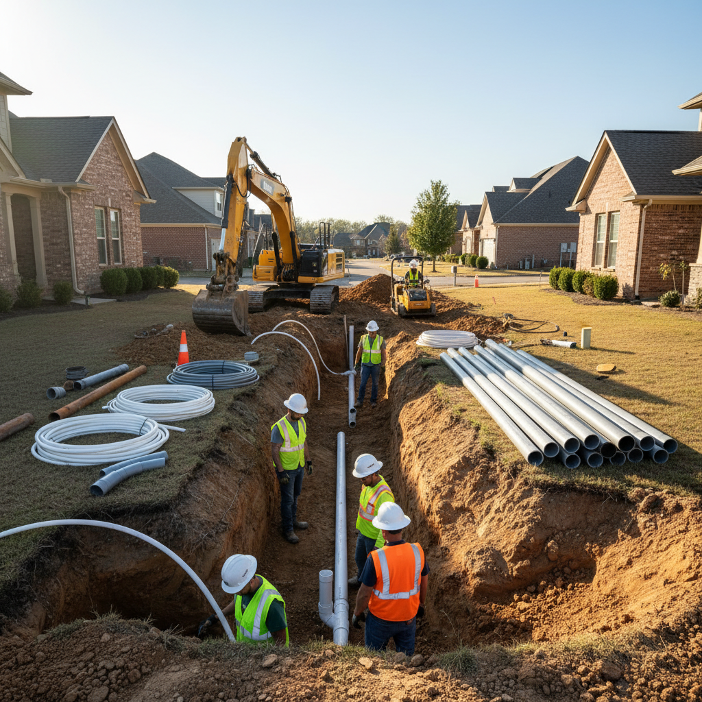 Canteiro de obras residencial com escavação para substituição de tubulações antigas por novas tubulações de PVC ou PEX, com trabalhadores supervisionando o processo. A imagem deve ser clara e mostrar a modernização da infraestrutura.