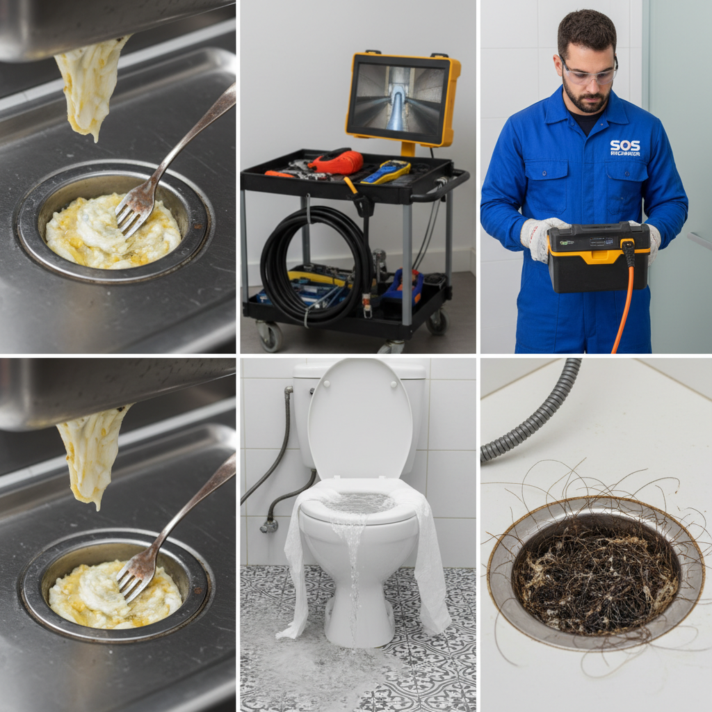 Uma ilustração técnica detalhada mostrando um esquema de tubulações residenciais complexas. Diferentes ferramentas de desentupimento profissional são realçadas em ação: um caminhão de hidrojateamento com mangueira inserida na tubulação, uma máquina Roto Rooter (eletromecânica) com sua espiral em um bloqueio, e um técnico operando um sistema de vídeo inspeção com a câmera dentro do encanamento. O foco é na clareza e precisão da tecnologia.