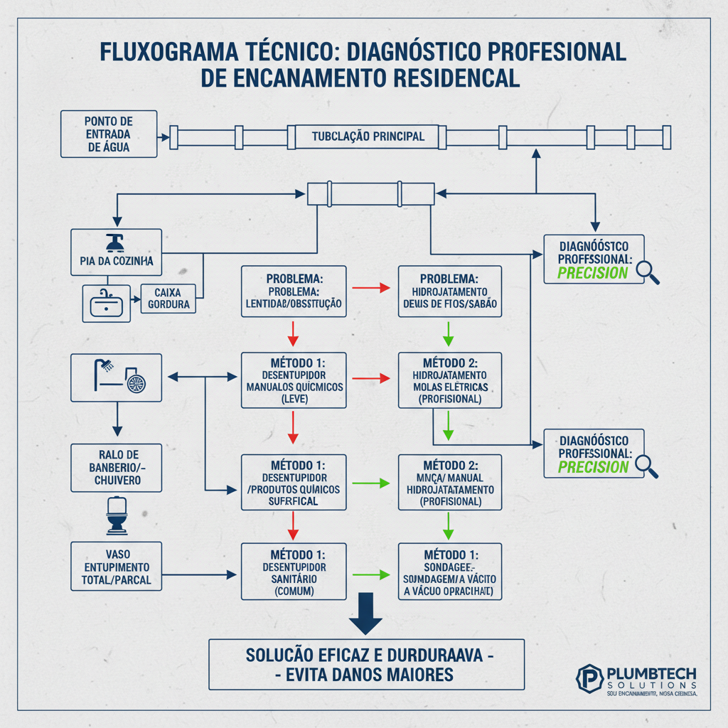 Um fluxograma técnico detalhado de um sistema de encanamento residencial, com setas e ícones indicando as diversas áreas (pia, ralo, vaso sanitário, caixa de gordura) e os métodos de desentupimento mais adequados para cada uma, enfatizando a precisão do diagnóstico profissional.